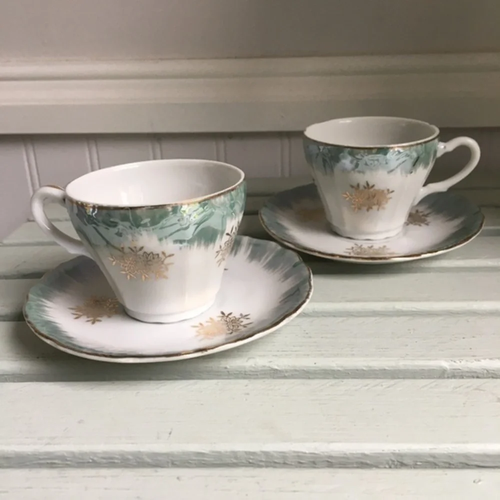 Vintage Demitasse Cups and Saucers Blue & White w/ Gold Trim Accents Set of Two